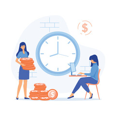 Poster - woman sitting with laptop, people invest money, flat vector modern illustration