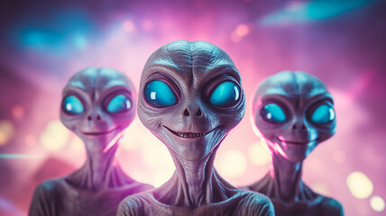 Wall Mural - portrait of a group of three cheerful aliens on a fog background