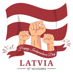 Wall Mural - Vector graphic of Latvia Independence Day for greeting card with clenched fist, fireworks and ribbon