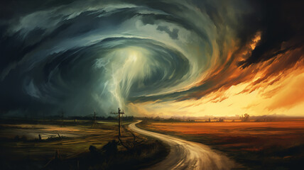 Wall Mural - drawing of a tornado on the road in a field sunset colors.