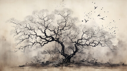 art autumn tree with a large crown without leaves on a white background watercolor monochrome drawing.