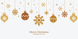 Fototapeta  - Gold christmas decorations, hanging xmas baubles and snowflakes, greeting Merry Christmas.