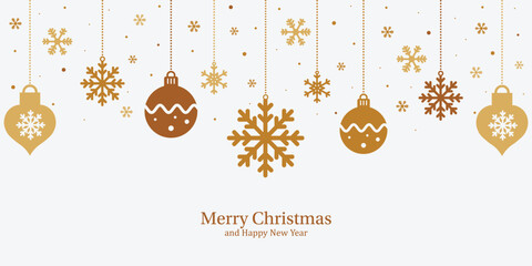 gold christmas decorations, hanging xmas baubles and snowflakes, greeting merry christmas.
