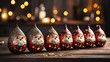 Cute, whimsical Santa Christmas tree baubles with a bokeh background.