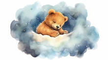 Bear Watercolor Drawing Sleeping On A Cloud Lullaby.