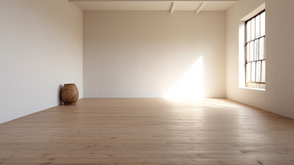 bright empty room hall with a large window and parquet, natural lighting.