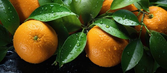 Sticker - A selection of orange tangerines with green foliage against a dark backdrop seen from above and with room for additional content Filtered light flare and snowy elements for added effect