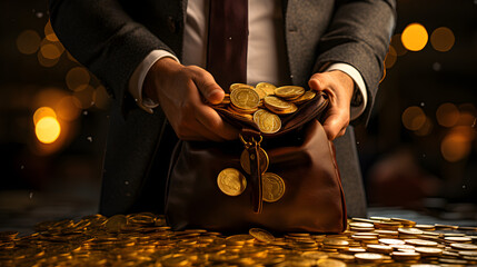 a businessman holding a bag filled with gold coins