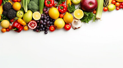 Wall Mural - different colored fruits row on white background.