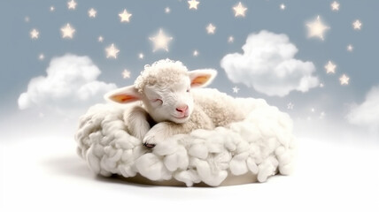 Wall Mural - a little lamb sleeping on a cloud watercolor.