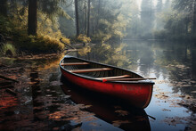 A Small Red Rowboat On A Lake