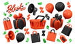 Holiday Black Friday Sale set of themed decorative elements for design. Realistic 3d objects gift box, red balloon, megaphone loudspeaker, shopping bag, food basket, falling money. vector illustration