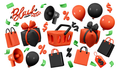 Wall Mural - Holiday Black Friday Sale set of themed decorative elements for design. Realistic 3d objects gift box, red balloon, megaphone loudspeaker, shopping bag, food basket, falling money. vector illustration
