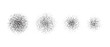 Stippled radial brush stroke set. Grain gradient circle collection. Grunge sprinkle spray texture. Dirty dust or sand noise round elements. Rough splashed stains spots vector pack. Splattered dots 
