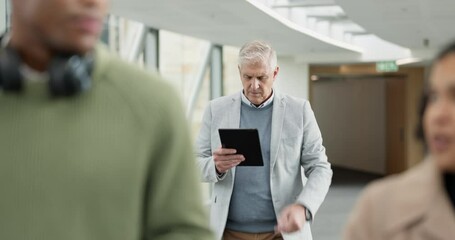 Aufkleber - Walking, time and business man on tablet in office for schedule, planning and appointment or meeting. Corporate manager, watch and senior male person online on tablet for commute, travel and career