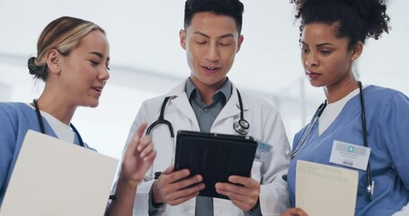 Poster - Asian doctor, nurses and tablet in meeting, surgery planning or low angle feedback in research hospital. Talking, diversity and healthcare people on technology, teamwork and leadership collaboration