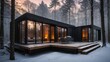 A contemporary dwelling constructed using shipping containers, metal, wood, and glass, emerges gracefully amidst the dense woodland during winter. 
