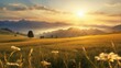 Tranquil Sunrise over Misty Meadow and Mountain Landscape

