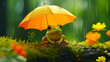 Frog pointing umbrella in rainy forest