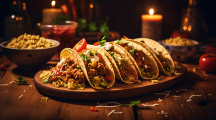 Delicious tacos on a plate placed on wooden table background - ai generative