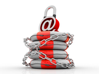 Poster - 3d rendering E-mail symbol with lock in life belt
