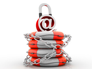 Poster - 3d rendering E-mail symbol with lock in life belt
