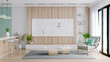 TV wall and modern Minimal  living room interior design, wood floor, green wall ,3d render