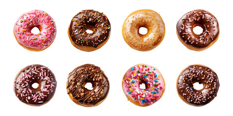 Wall Mural - Collection of donuts isolated on a transparent background, cut out, top view