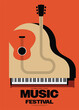 Music poster template design background with piano keyboard and classic guitar vintage retro style