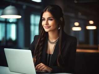 Young and successful corporate woman using laptop at office