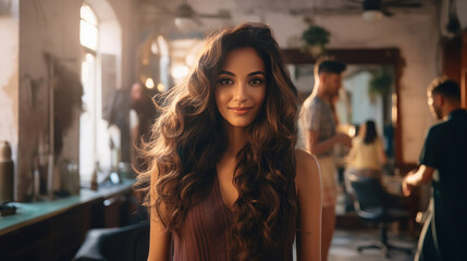 Sticker - Young woman standing at salon after complete new hairstyle.