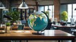 Globe model on wooden desk. Generative AI