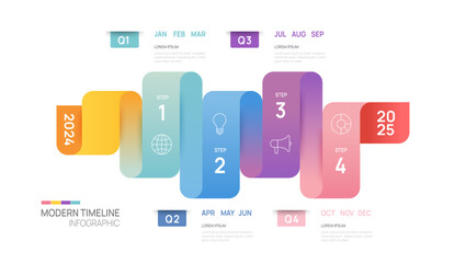 Business step timeline infographic arrow template. Modern milestone element timeline diagram calendar and 4 quarter topics, vector infographics.