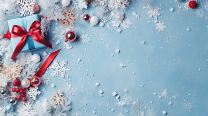 Poster - Gift boxes with christmas decorations on a blue background. Top view. Flat lay.