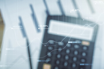 Poster - Multi exposure of abstract virtual graphic data spreadsheet sketch on blurry calculator and papers background, analytics and analysis concept