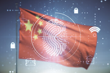 Poster - Multi exposure of virtual fingerprint scan interface on flag of China and blue sky background, digital access concept