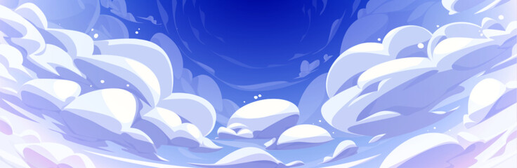 Wall Mural - blue anime sky background with fluffy cute curve shaped clouds. cartoon vector illustration of sunny