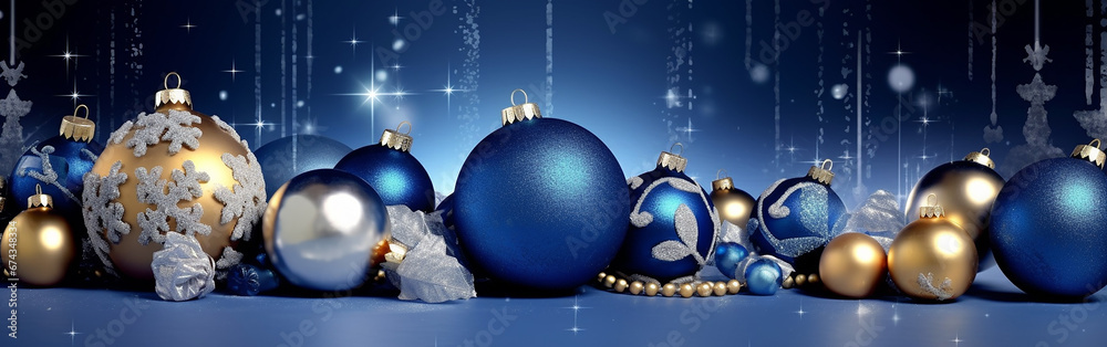 Blue and gold christmas baubles on blue horizontal background 3D rendering