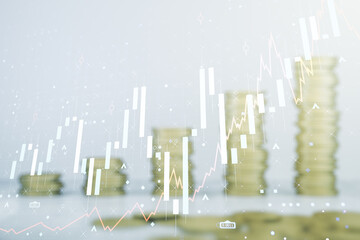 Poster - Double exposure of abstract creative financial chart hologram on growing stacks of coins background, research and strategy concept