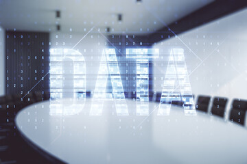 Poster - Virtual Data word sign hologram on a modern conference room background. Multiexposure