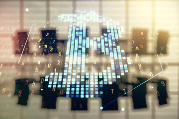 Poster - Double exposure of creative Bitcoin symbol hologram on a modern boardroom background. Mining and blockchain concept