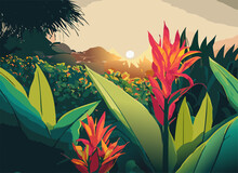 Canna Lily Flowers In Tropical Garden During Sunrise.