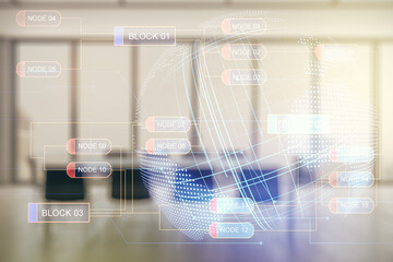 Poster - Double exposure of abstract creative programming illustration and world map on a modern boardroom background, big data and blockchain concept