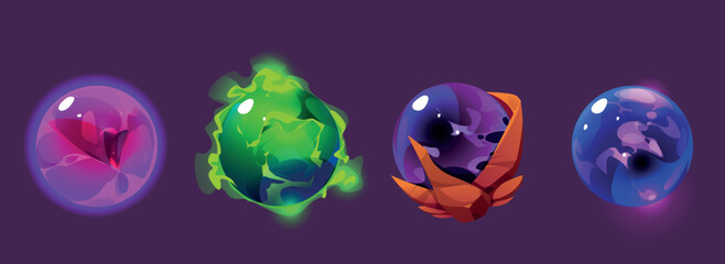Poster - Set of magic game balls isolated on background. Vector cartoon illustration of energy crystals in neon purple, green, blue colors with liquid, gas, abstract texture, mystique fortunetelling spheres