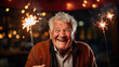 © Studio Nova - Elderly man with a wide, joyful laugh holds a brilliantly glowing sparkler, capturing a moment of pure celebration and delight.