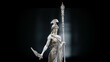 Ancient Greek goddess Athena Pallas statue in front of the Parthenon. Marble woman in helmet sculpture.