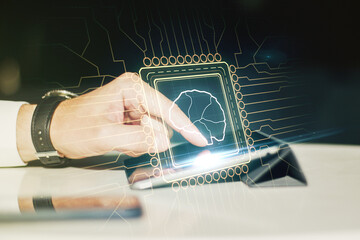 Poster - Creative artificial Intelligence concept with human brain hologram and finger clicks on a digital tablet on background. Multiexposure