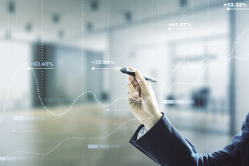 Poster - Multi exposure of male hand with pen working with abstract virtual graphic data spreadsheet sketch on blurred office background, analytics and analysis concept