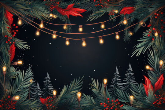 Frame for Christmas party invitations, rectangle, retro winter theme, Christmas leaves, felt blanket, fairy lights, cozy atmosphere, Christmas tree and incandescent Christmas lights by Generative AI
