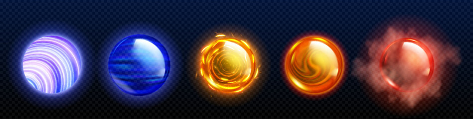 Poster - Magic game orbs set isolated on transparent background. Vector realistic illustration of neon blue, orange, red energy balls with liquid texture, fire sparkles, cloud of smoke, round space objects